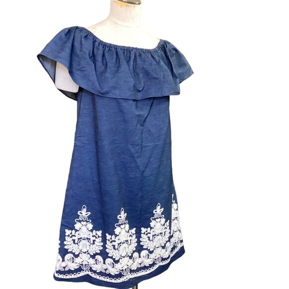 Westport 1962 Off Shoulder Embroidered Dress Sz M Blue 146N - Picture 1 of 9